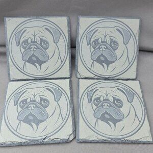 Set of 4 Pug Puppy Dog Slate Coasters Laser Engraved 4" x 4" NEW
